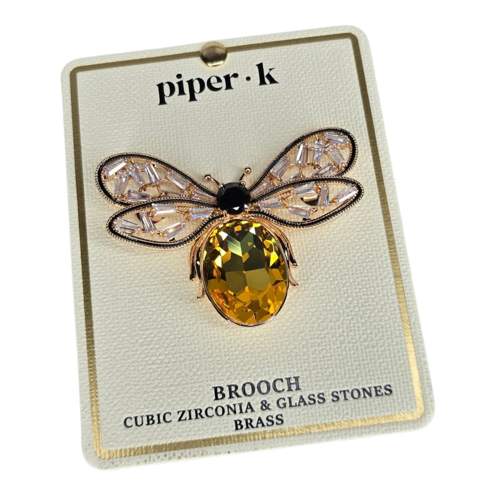 Piper K Jewel Cubic Zirconia Gold Black Bumble Bee Brooch Pin